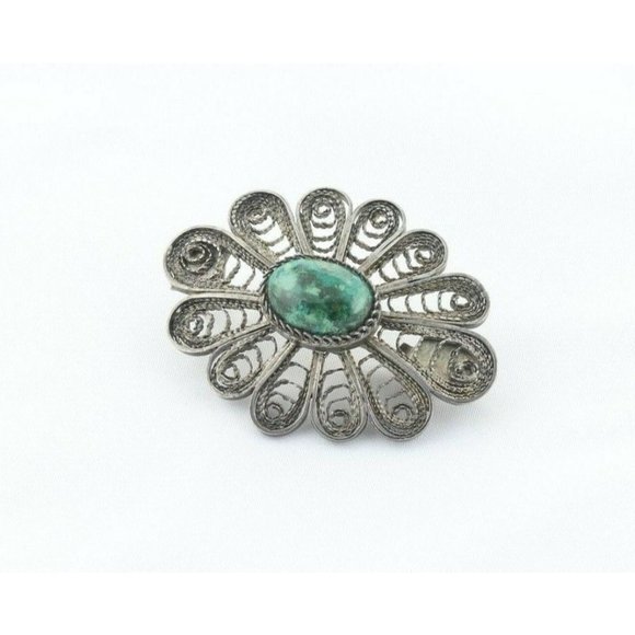 Sterling Silver Green Agate Flower Pin Brooch - Picture 4 of 7